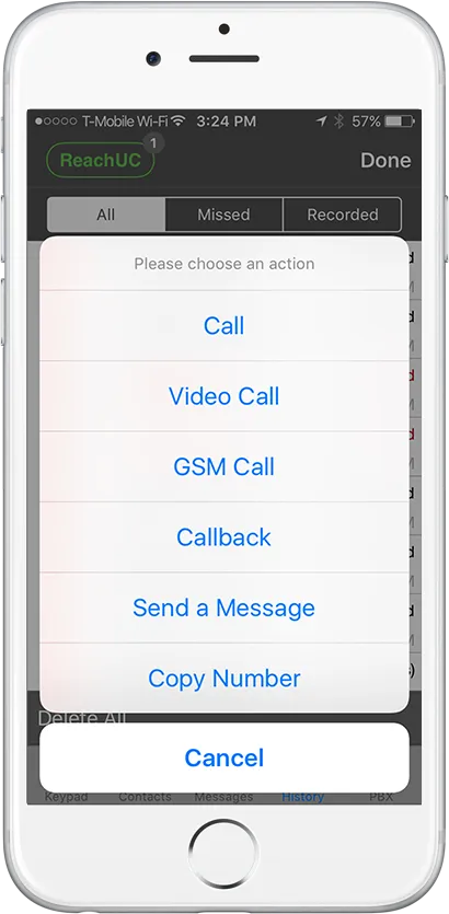 ReachUC VoIP app real-time presence panel showing team availability for businesses in Syracuse NY