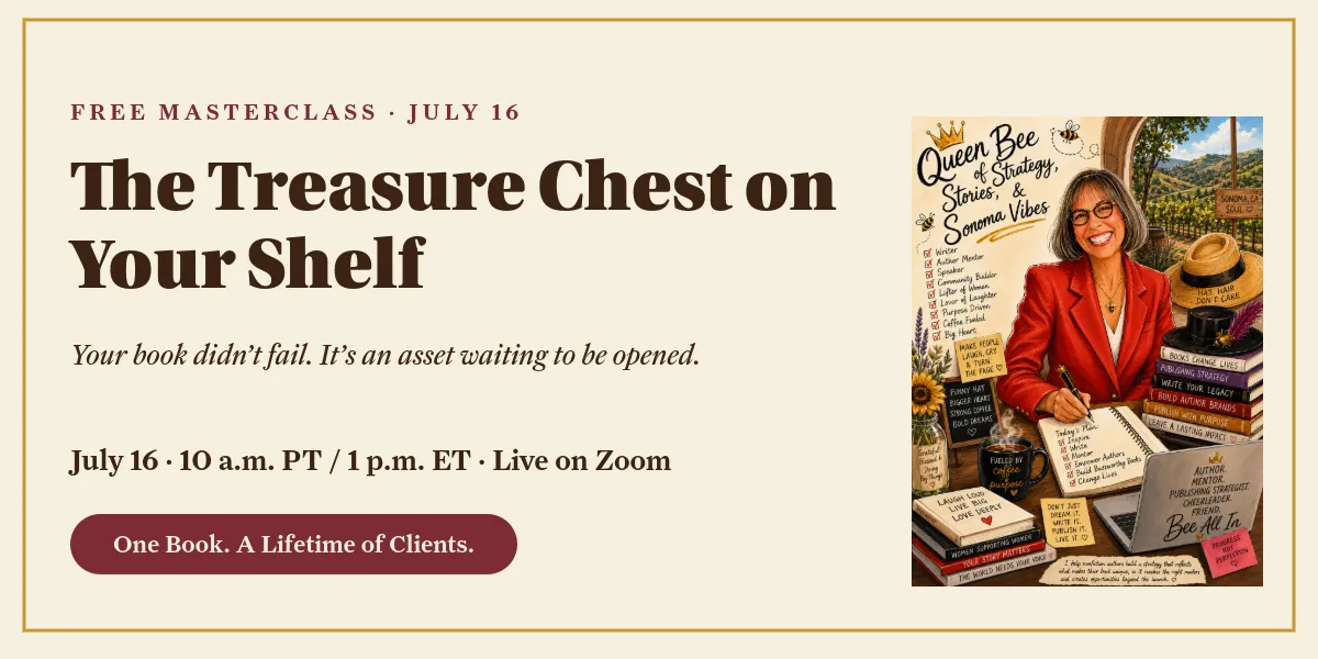 One Book. A Lifetime of Clients. free masterclass title card with treasure chest of books, July 16, Judy M. Baker