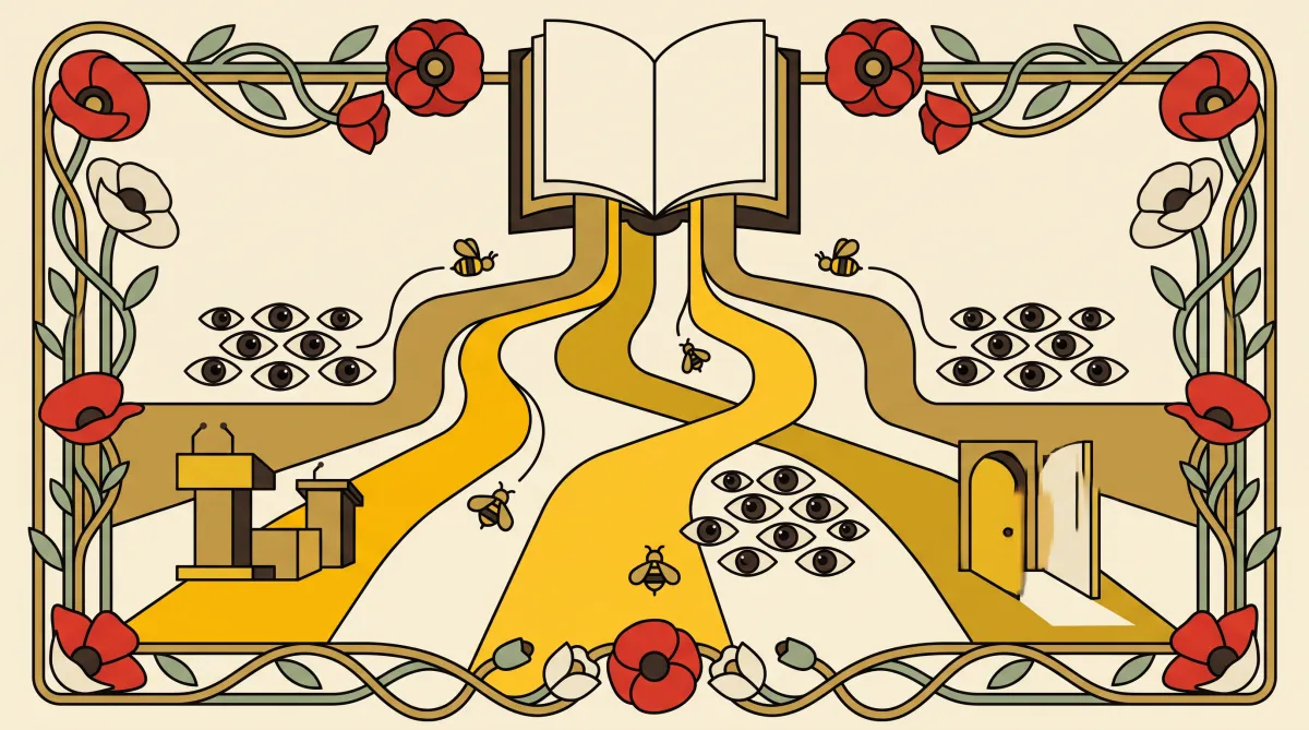 Art Nouveau illustration of a book sending rivers of golden light outward to audiences, podiums, and open doors.
