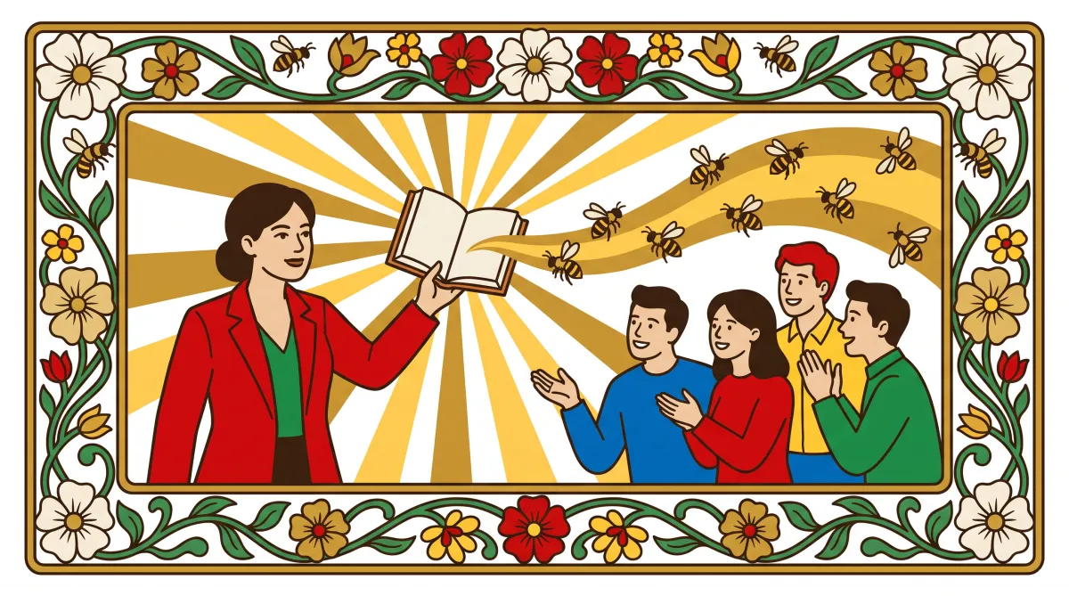 Art Nouveau header of an author whose open book radiates light and bees toward an engaged modern group.