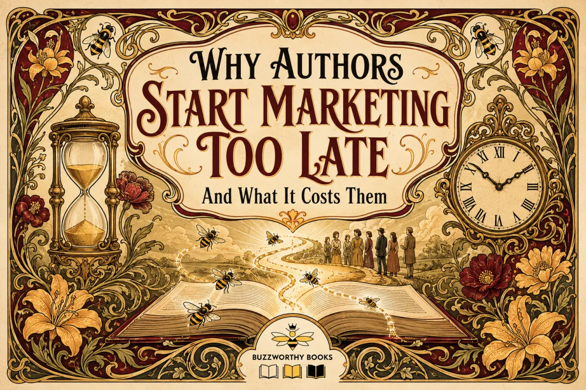 Burgundy-and-gold Art Nouveau illustration of an open book, bees, a clock, and an hourglass, with a glowing path leading toward waiting readers.