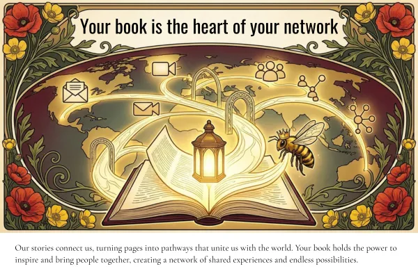 An open book connecting a social network - Your book is the heart of your network.