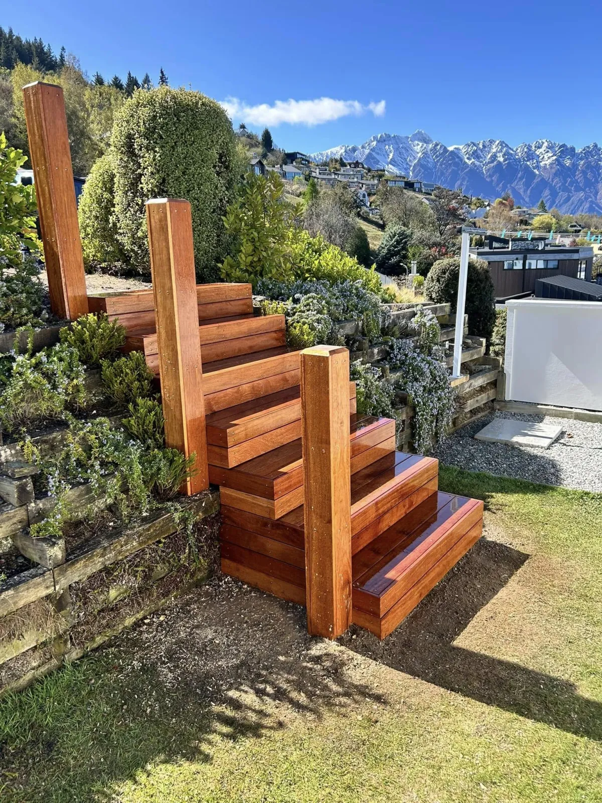 Landscape construction stairservice image by G A Building, featuring outdoor patio design and garden enhancements in Queenstown Lakes. 
