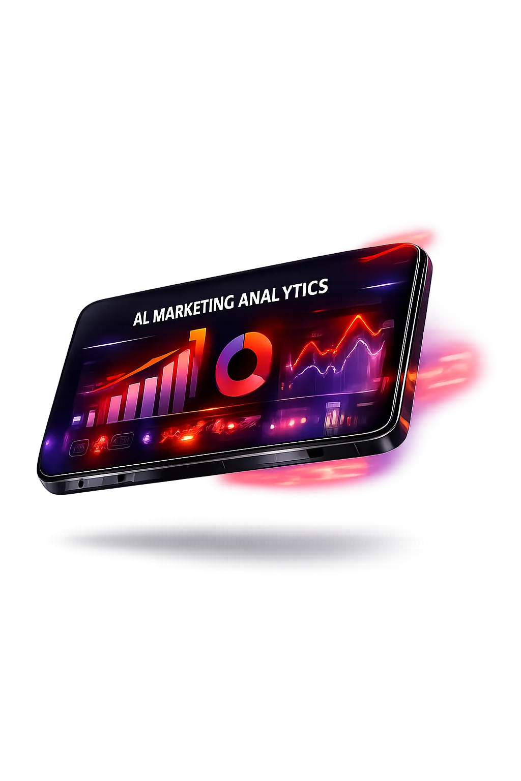 A 3D render of a sleek smartphone floating above a deep navy background, its screen displaying animated AI marketing analytics with glowing red and lavender charts. The device is angled dynamically, with digital effects and subtle reflections, evoking innovation and high-tech energy.