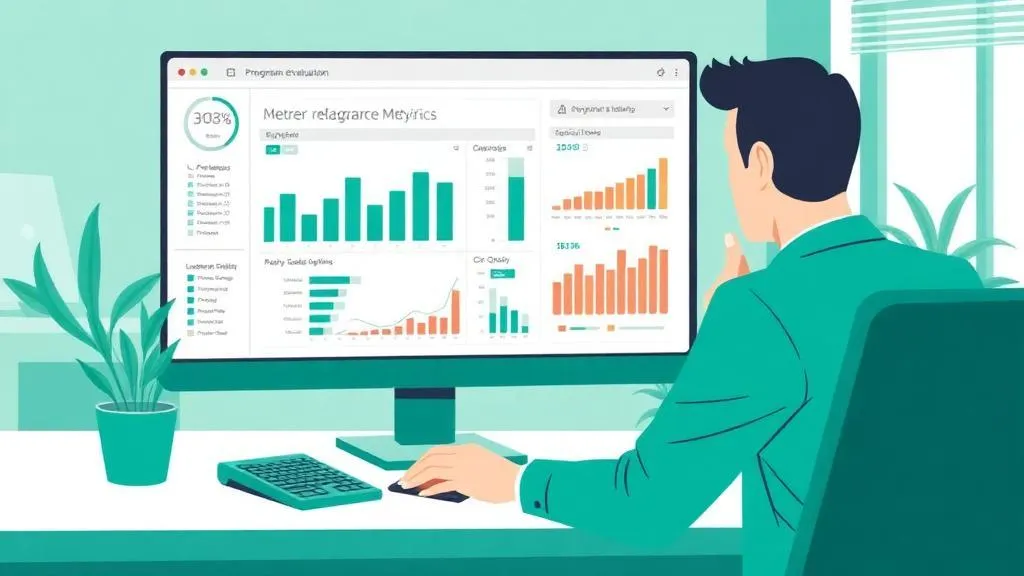 Illustration of two people analyzing a colorful pie chart on a large screen, representing data presentation, performance review, or business analytics collaboration. Ask ChatGPT