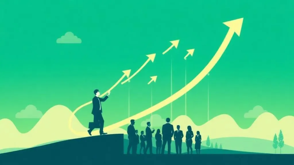 Illustration of two people standing in front of three large arrows pointing in different directions, symbolizing decision-making, strategic planning, or choosing a business path.