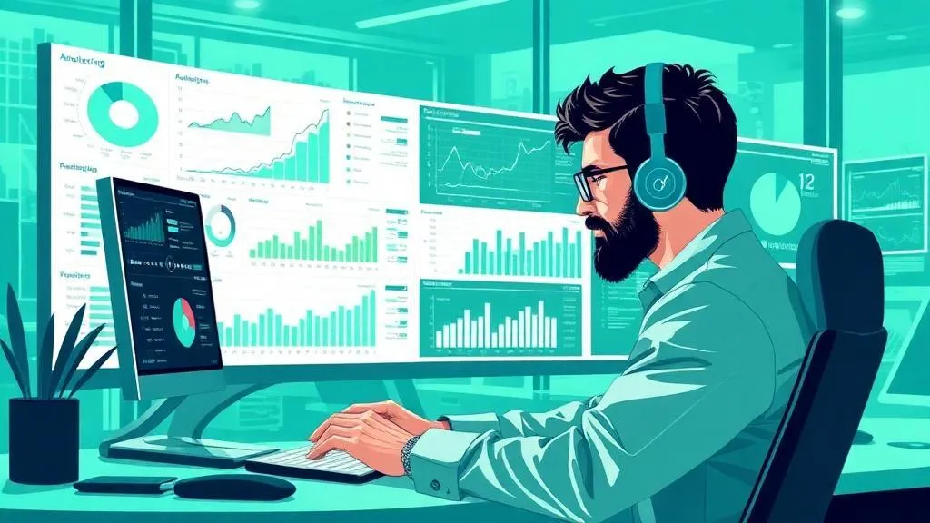 Illustration of a data analytics dashboard on a computer screen with graphs, charts, folders, and a magnifying glass, symbolizing financial analysis, business intelligence, or performance monitoring.
