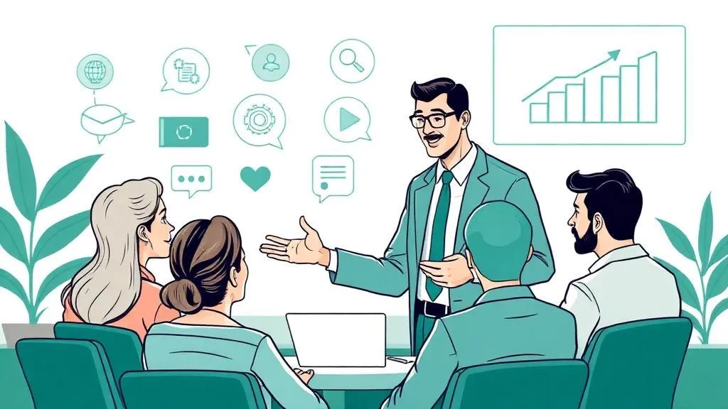 Illustration of three people in a discussion around a table with gear icons in the background, symbolizing teamwork, collaboration, and problem-solving in a business or project setting.