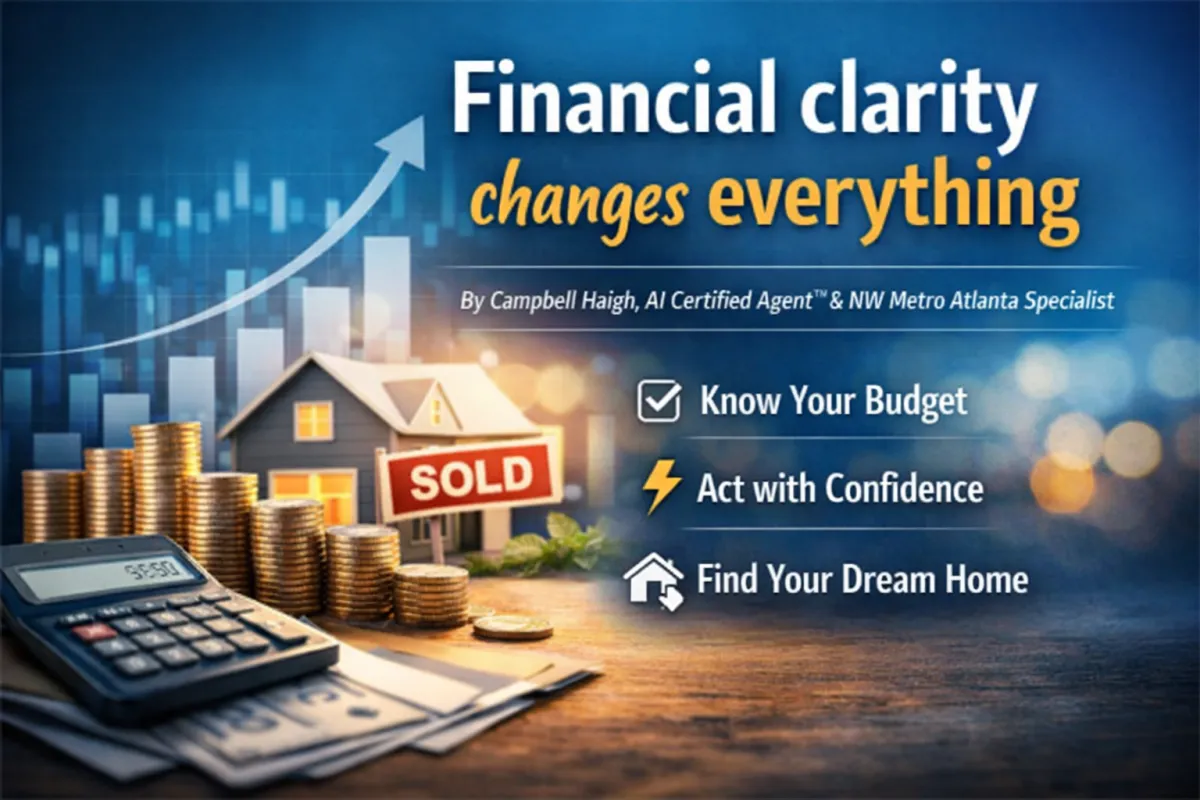 Financial-themed real estate graphic showing a calculator, stacked coins, a house with a “SOLD” sign, and an upward market chart beside the headline “Financial clarity changes everything,” highlighting budgeting, confidence, and smart home buying decisions in Cobb County, Georgia.