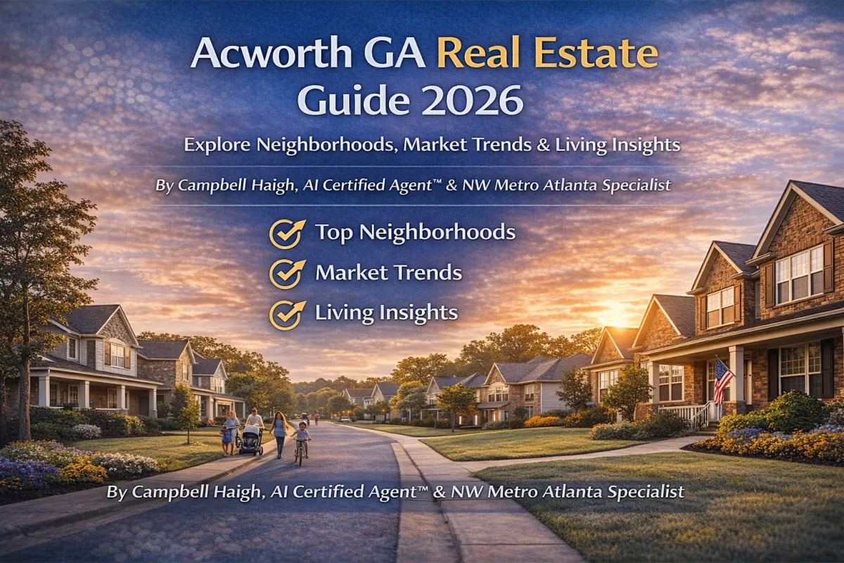 Sunset view of a welcoming Acworth, Georgia neighborhood with well-kept brick homes, landscaped yards, and families walking and biking along a quiet suburban street, overlaid with the headline “Acworth GA Real Estate Guide 2026: Explore Neighborhoods, Market Trends & Living Insights,” highlighting community living and local market expertise.