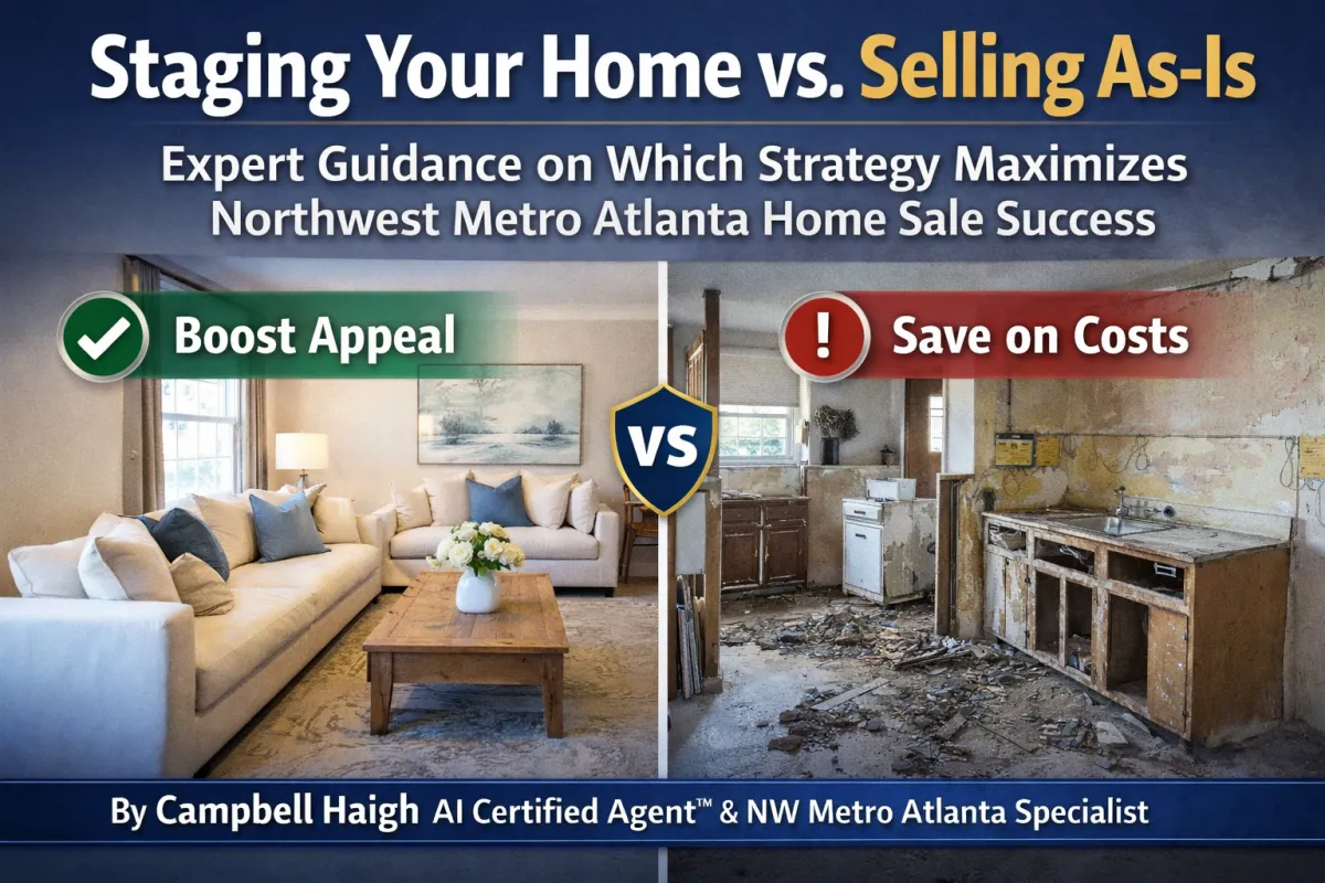 Split-image real estate cover showing a bright, professionally staged living room on the left and a worn, outdated kitchen in need of repair on the right. Headline reads “Staging Your Home vs. Selling As-Is” with subheading about maximizing Northwest Metro Atlanta home sale success by Campbell Haigh, AI Certified Agent™ & NW Metro Atlanta Specialist.