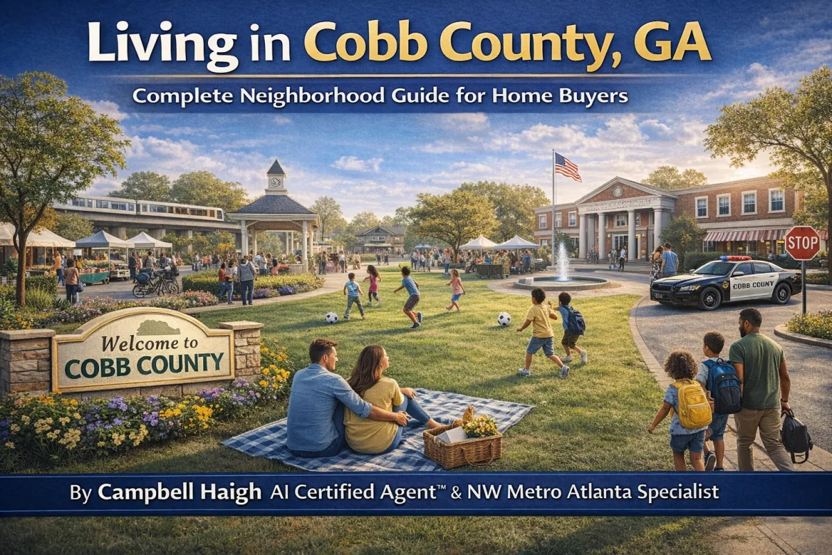 Cover image showing a vibrant Cobb County neighborhood with families enjoying a park, a local gazebo, school building, public transit, and a “Welcome to Cobb County” sign. Headline reads “Living in Cobb County, GA: Complete Neighborhood Guide for Home Buyers” by Campbell Haigh, AI Certified Agent™ & NW Metro Atlanta Specialist.