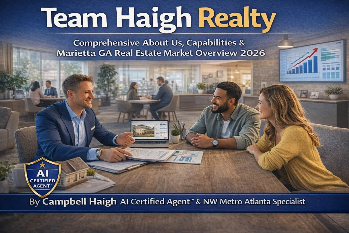 Cover image showing a real estate agent meeting with a couple in a modern office while reviewing home data and market charts. Headline reads “Team Haigh Realty: Comprehensive About Us, Capabilities & Marietta GA Real Estate Market Overview 2026” by Campbell Haigh, AI Certified Agent™ & NW Metro Atlanta Specialist.