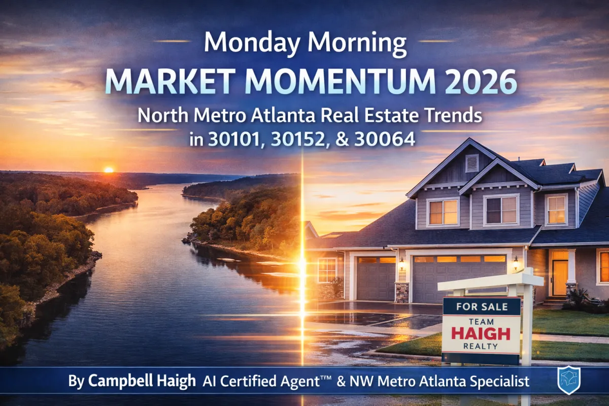 “Split-screen real estate cover image showing Lake Allatoona at sunrise and a modern West Cobb home with a Team Haigh Realty for sale sign, representing Monday Morning Market Momentum 2026 in North Metro Atlanta (Marietta, Acworth, and Kennesaw GA).