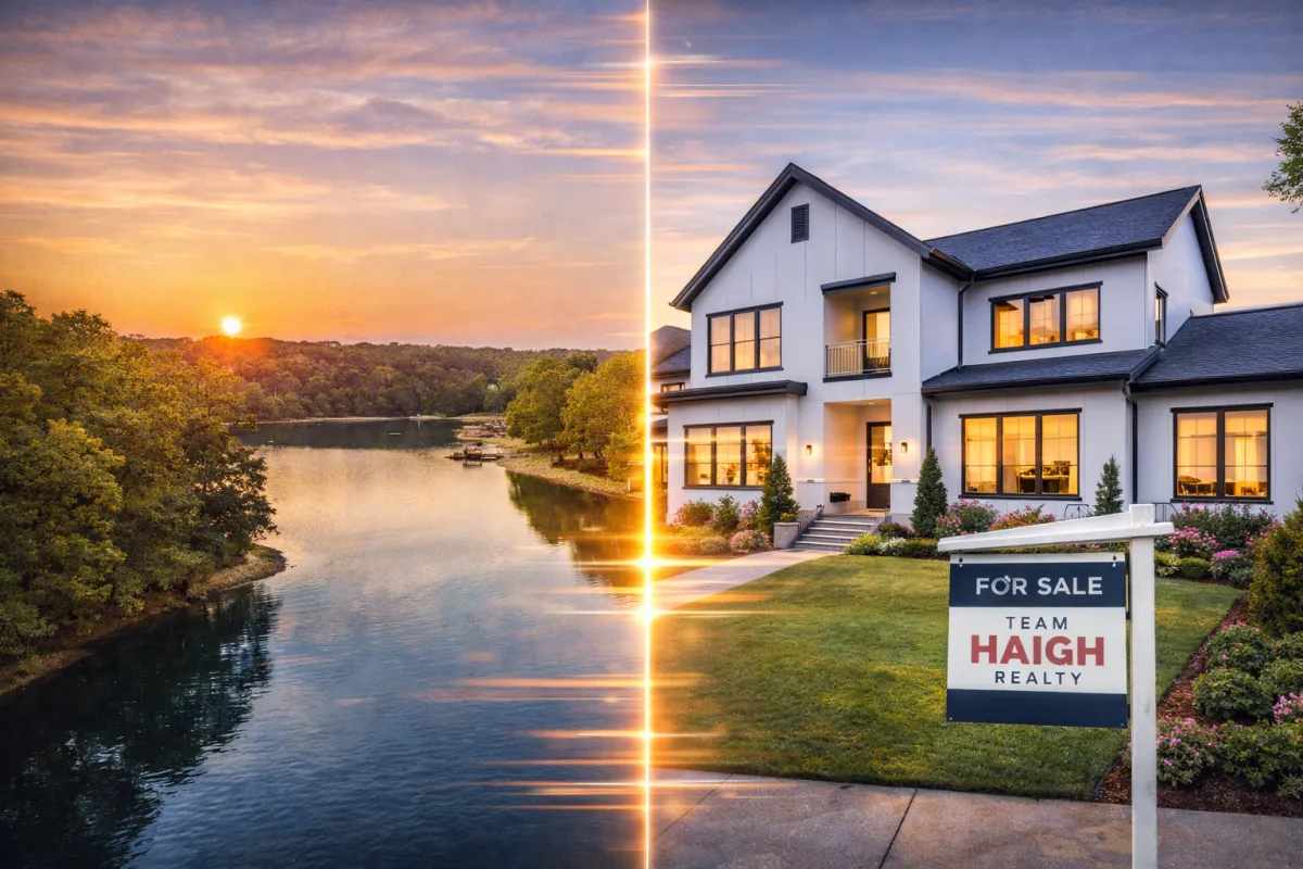 A high-quality split-screen image: the left side shows a serene, sun-drenched view of Lake Acworth with lush greenery, and the right side showcases a sleek, modern luxury home exterior in Marietta with professional landscaping and a clean "Team Haigh" aesthetic.