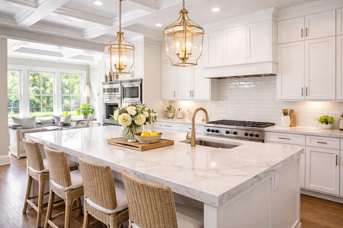 A professional, high-end lifestyle interior shot of a modern, open-concept kitchen in North Metro Atlanta, flooded with bright natural light, featuring clean marble countertops and contemporary finishes that suggest a high-value home environment.