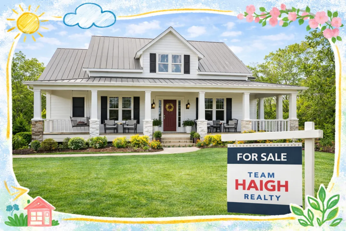 A high-resolution professional photo of a classic farmhouse-style home in Acworth, Georgia, with a wrap-around porch and manicured lawn. The image is overlaid with playful, colorful hand-drawn frame accents to create a modern and friendly aesthetic.