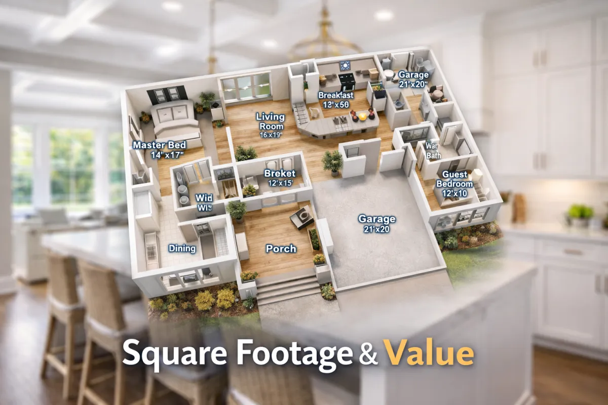 A clean, professional high-angle shot of a luxury home's floor plan overlaying a blurred background of a modern Kennesaw kitchen. Bright, natural lighting, highlighting the concept of square footage and value.