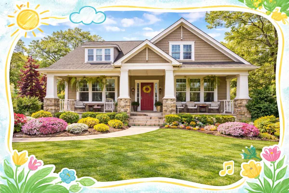 A vibrant, sun-drenched wide shot of a traditional Marietta craftsman home featuring a deep front porch and manicured lawn. The image is framed with playful, hand-drawn yellow and teal accents, emphasizing a welcoming and modern neighborhood feel. No modern or industrial styles.