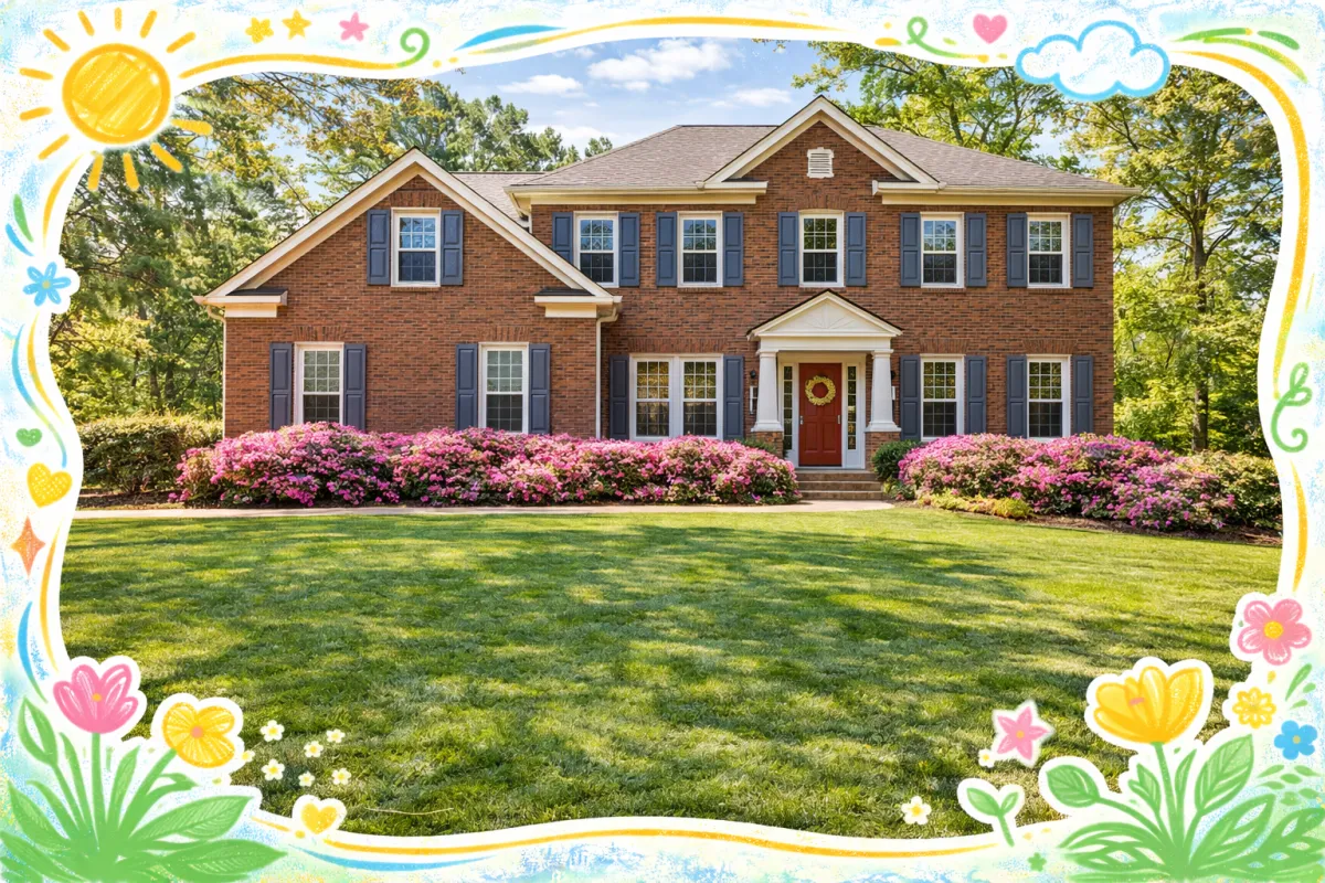 A high-resolution professional photo of a stunning traditional brick home in Kennesaw, Georgia, featuring a perfectly manicured lawn and pink azaleas in full bloom. The image is overlaid with playful, colorful hand-drawn frame accents to create a modern and friendly aesthetic that aligns with Team Haigh Realty's tech-forward brand
