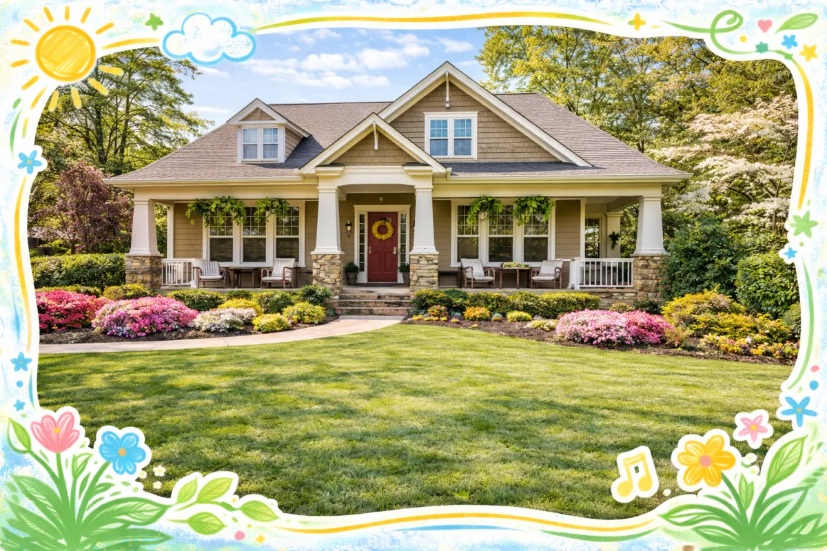 A high-resolution professional photo of a charming Craftsman-style home in Marietta, GA, featuring a well-manicured lawn and bright natural lighting. The image is overlaid with playful, colorful, hand-drawn frame accents for a modern, tech-forward look.