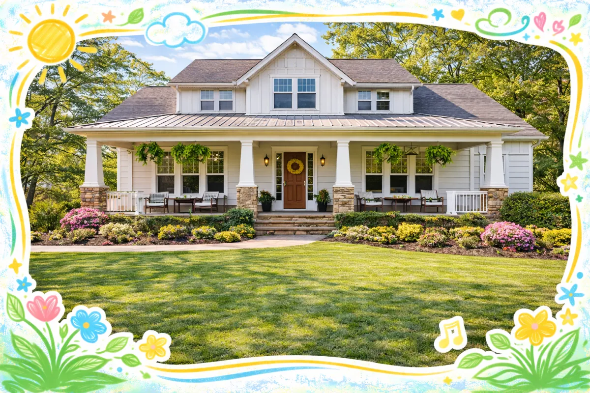 A high-resolution professional photo of a modern farmhouse-style home in Acworth, GA. The image shows a welcoming front porch, natural afternoon lighting, and a perfectly green lawn. It is finished with playful, colorful hand-drawn frame accents to give it that friendly, tech-forward Team Haigh look.
