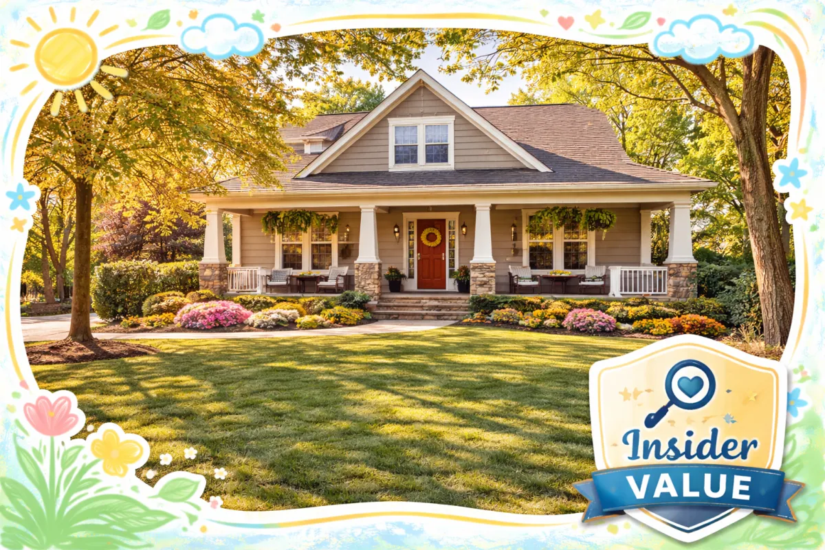 A professional, high-resolution photo of a charming traditional home in Powder Springs, GA, featuring a wide front porch and vibrant spring greenery. The image uses warm, natural sunlight to create an inviting "insider neighborhood" feel. It is finished with playful, colorful hand-drawn frame accents and a subtle "Insider Value" badge to highlight the theme of the post.