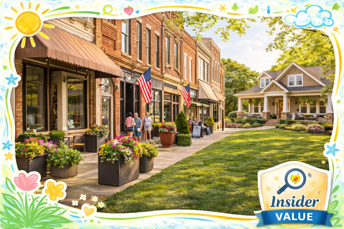 A bright, welcoming downtown Cartersville streetscape with historic brick storefronts, sidewalk planters, shoppers, and a traditional Craftsman home nearby, accented with playful colorful hand-drawn borders.