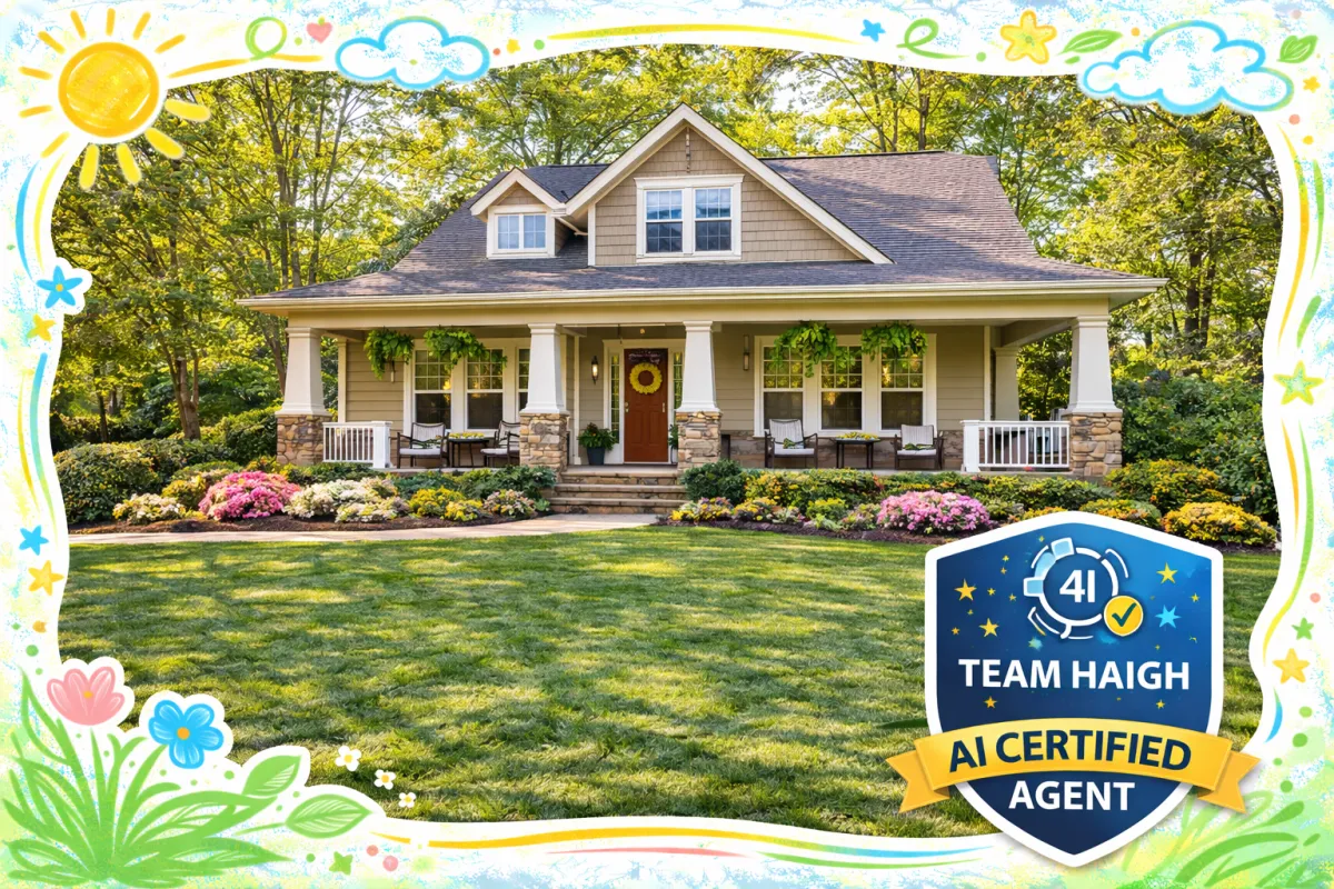 A high-resolution professional photo of a beautiful traditional craftsman home in Vinings, Georgia, with lush greenery and a manicured lawn. The image is overlaid with playful, colorful hand-drawn frame accents and a "Team Haigh AI Certified Agent" badge to reflect a modern, tech-forward real estate brand.