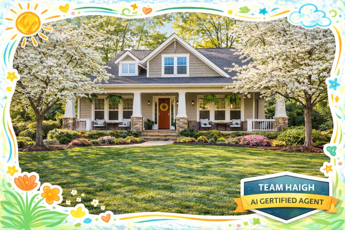 A high-resolution, bright, and professional photo of a charming traditional Craftsman-style home in Emerson, Georgia. The house features a wide front porch, white trim, and light grey siding, surrounded by blooming white dogwood trees. The image is overlaid with playful, colorful hand-drawn frame accents in teal and orange to reflect Team Haigh's modern, tech-forward brand.
