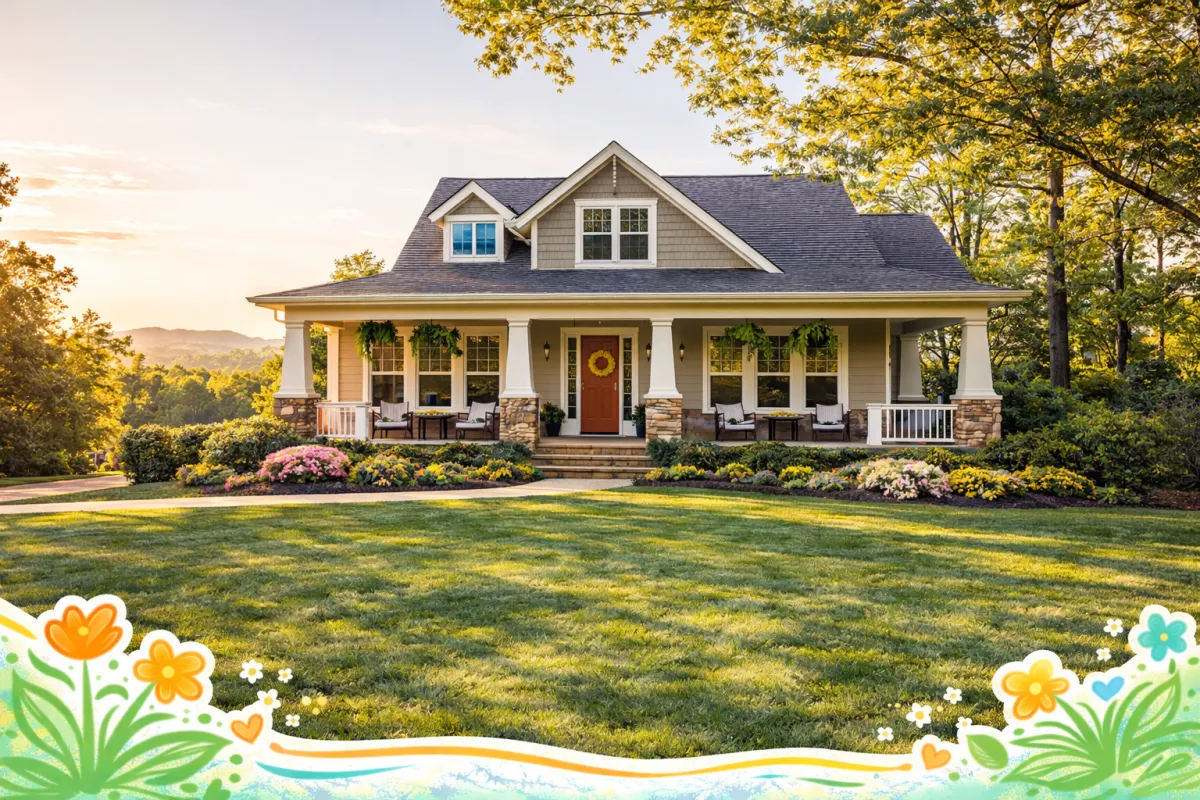 A high-resolution, wide-angle shot of a classic Craftsman-style home in a manicured Holly Springs neighborhood. The home features stone accents, a welcoming front porch, and vibrant green landscaping under a clear blue sky. In the background, the soft rolling hills of Cherokee County and mature hardwoods hint at the area's natural beauty. The lighting is warm "golden hour" sun, highlighting the peaceful, suburban lifestyle.