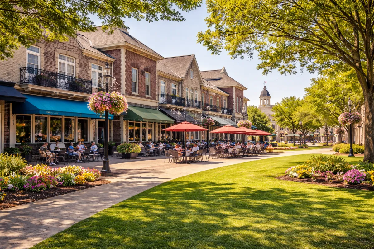 A vibrant street view of the Smyrna Market Village featuring local shops, outdoor seating, and green community space under a clear Georgia sky.
