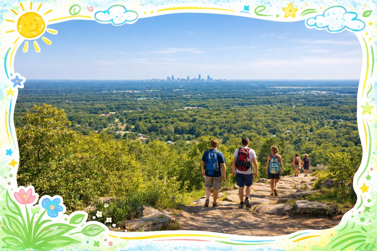 A breathtaking panoramic shot from the summit of Kennesaw Mountain National Battlefield Park. In the foreground, hikers are seen following a well-maintained rocky trail surrounded by vibrant green oak and hickory trees. The middle ground shows the rolling canopy of the Kennesaw suburbs, while the distant background features the hazy but distinct silhouettes of the Buckhead and Downtown Atlanta skylines under a crisp, bright blue spring sky. The image perfectly captures the "best of both worlds" lifestyle Kennesaw offers: nature at your doorstep with the city just a glance away.