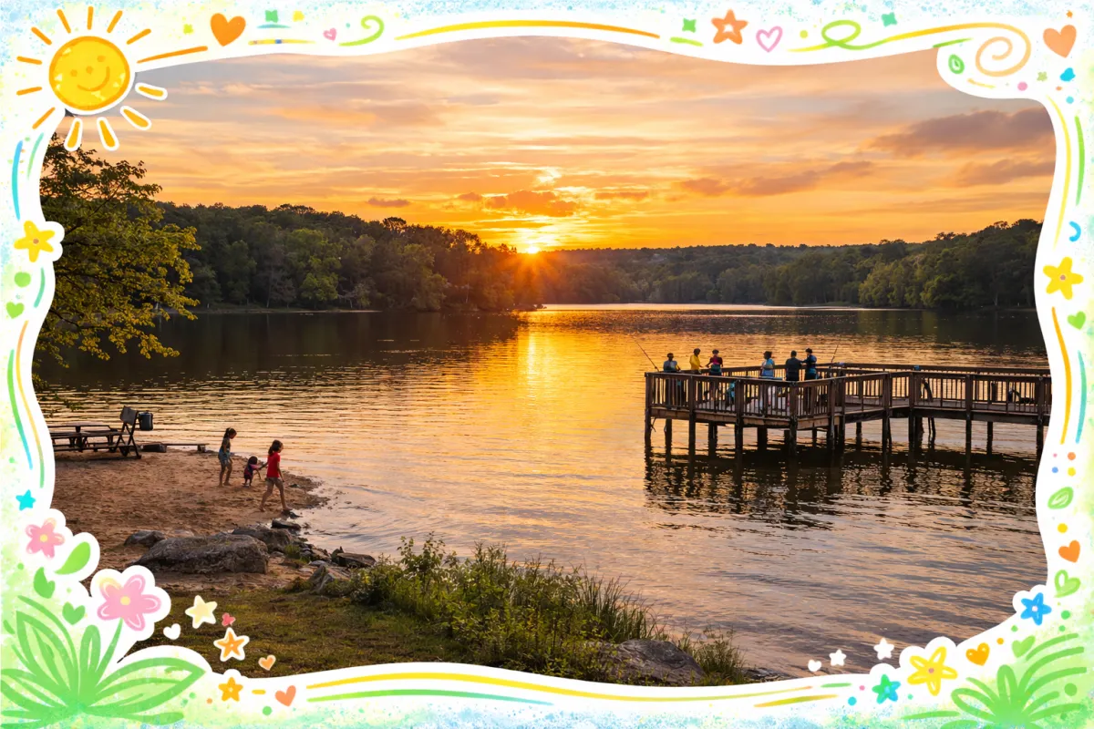 A breathtaking sunset view over Lake Acworth with families playing in Cauble Park, fishing off the pier, and vibrant greenery, bordered by playful hand-drawn star and heart frame accents.
