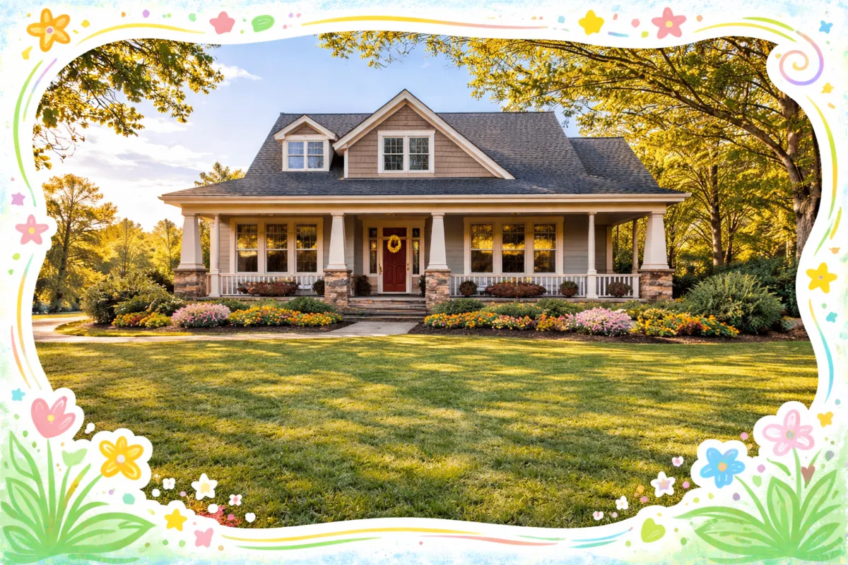 A bright, professional photo of a traditional craftsman-style home in a manicured Marietta neighborhood, featuring playful hand-drawn star and heart frame accents.
