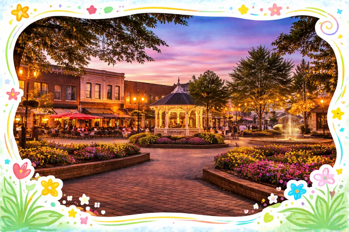 A vibrant shot of the historic downtown Canton square at dusk, with the lights glowing and a welcoming, small-town atmosphere. Frame Accent: Standard star/heart-framed hand-drawn corners.