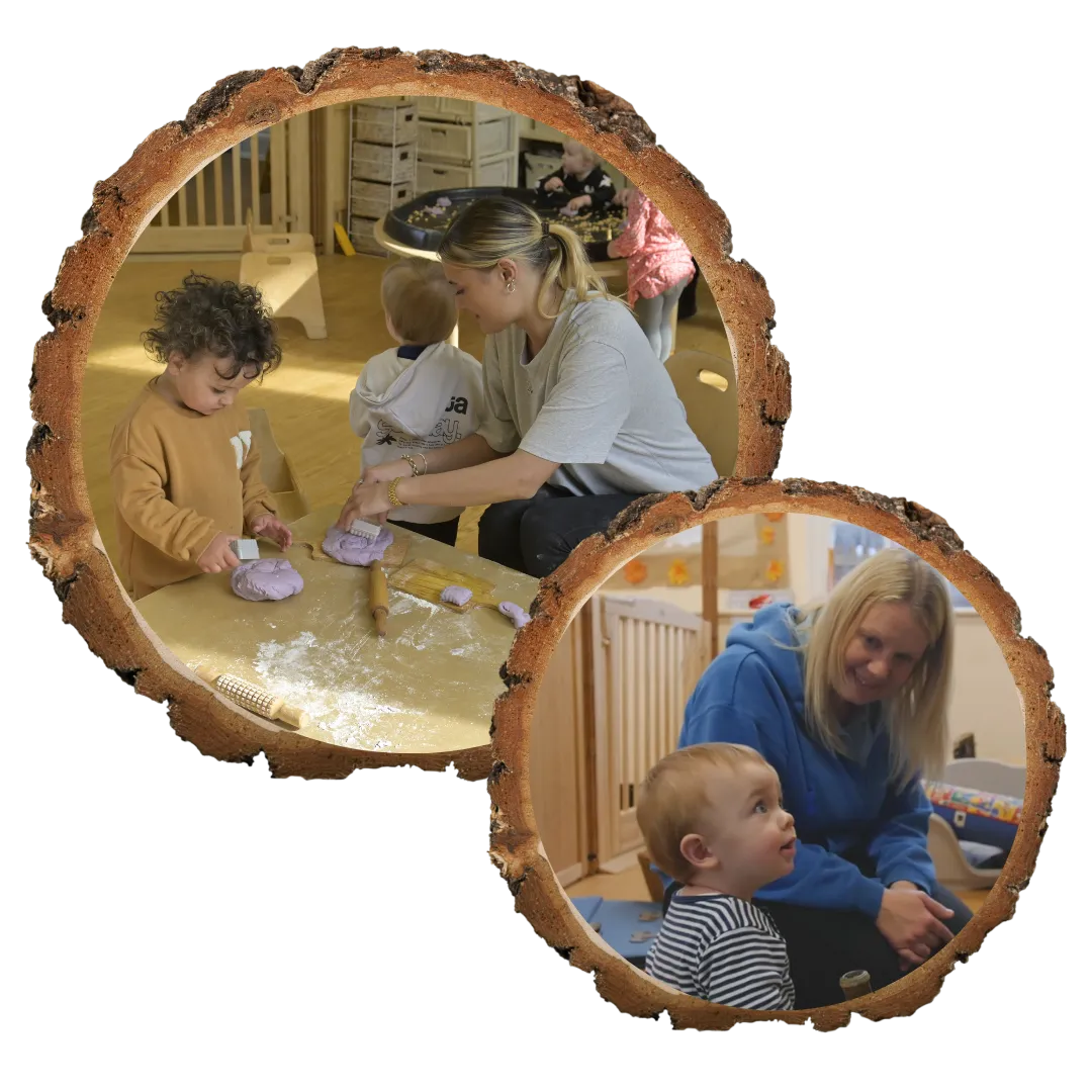 collage of two images. Children are sat with a teacher playing with clay