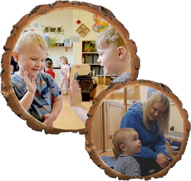 collage of two images. Children are sat with a teacher playing with clay
