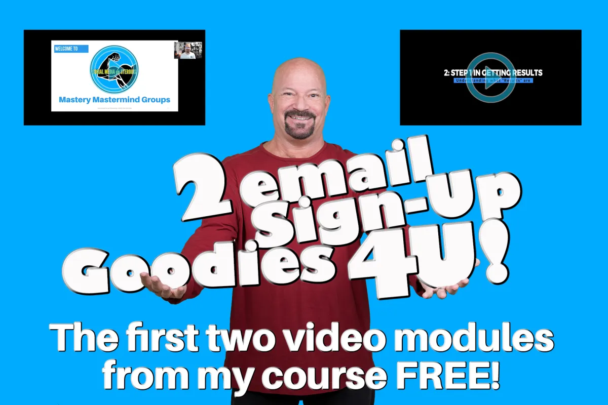 Bald man with goatee in red shirt holding up words "2 email sign-up goodies 4u!" with aqua background