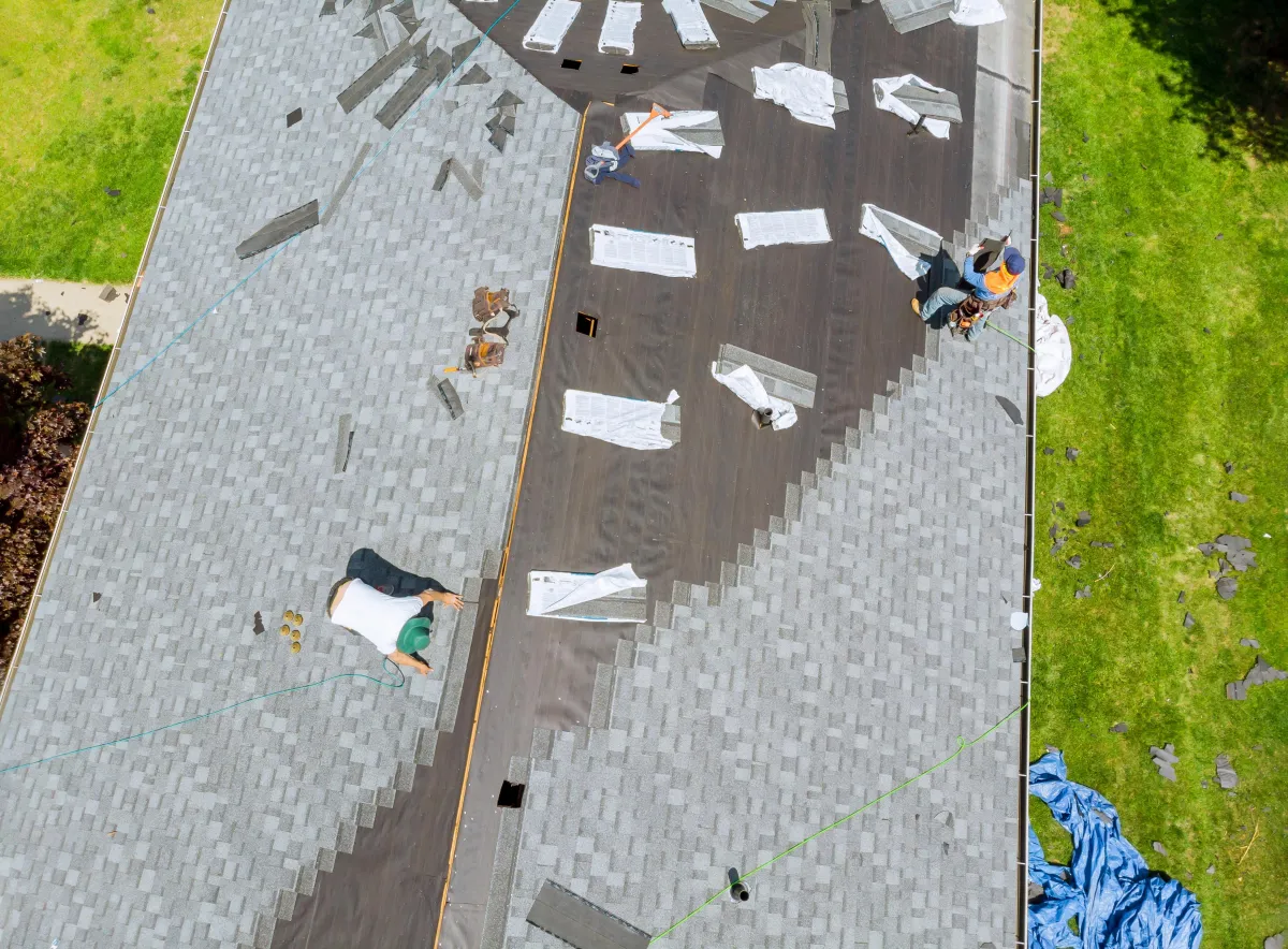 top down aerial image of a roof install in Denver