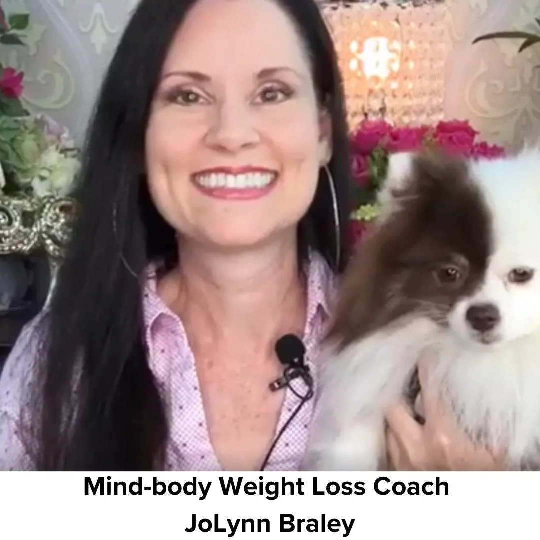 Image of the author of the 21-day emotional eating journal Beyond the Plate, JoLynn Braley, Mind-body Weight Loss Coach, holding her dog