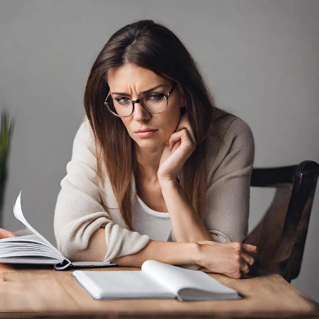 Image of frustrated woman struggling to write something in journal