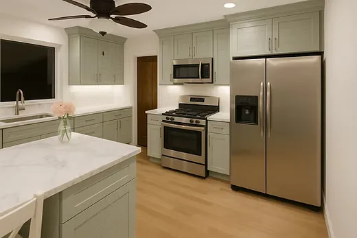 sage green cabinet refacing in a kitchen remodel