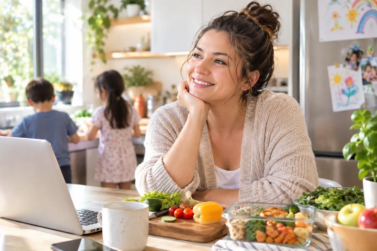 Busy woman preparing a healthy balanced meal at home