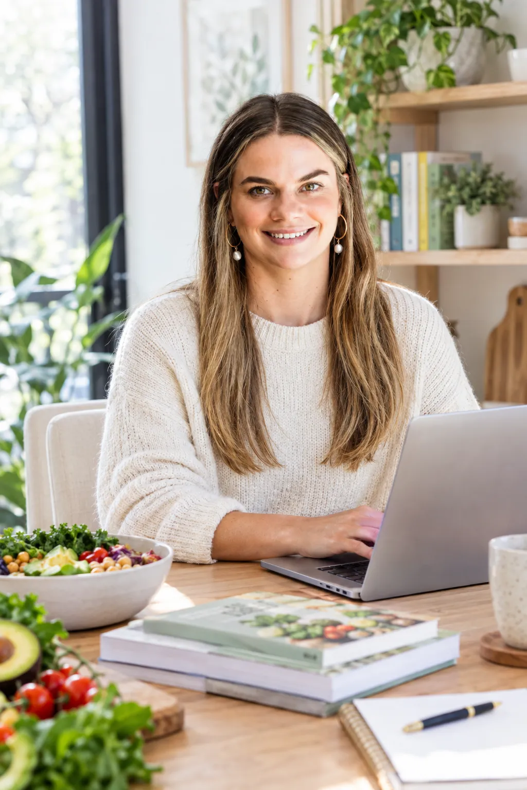 Dietitian Taylor at her laptop with a healthy salad bowl and nutrition books, follow for nutrition tips