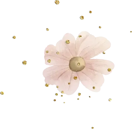 A pink flower with a light-colored center and numerous small yellow spots scattered around it on a black background.