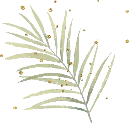 Digitally illustrated palm leaf with sparkling golden dots scattered around it, evoking the soothing ambiance of a luxurious massage essence, all set against a black background.