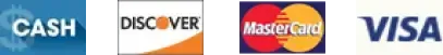 Four payment method icons: cash symbol, Discover, MasterCard, and Visa.