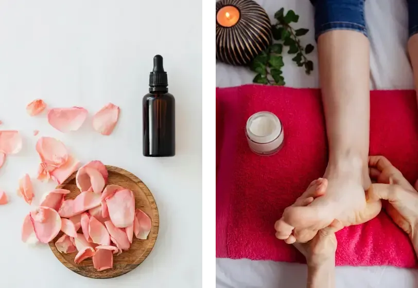 Left: Wooden bowl with pink rose petals and a dark dropper bottle on a white surface. Right: Person receiving a relaxing foot massage on a pink towel, with a jar of cream nearby.