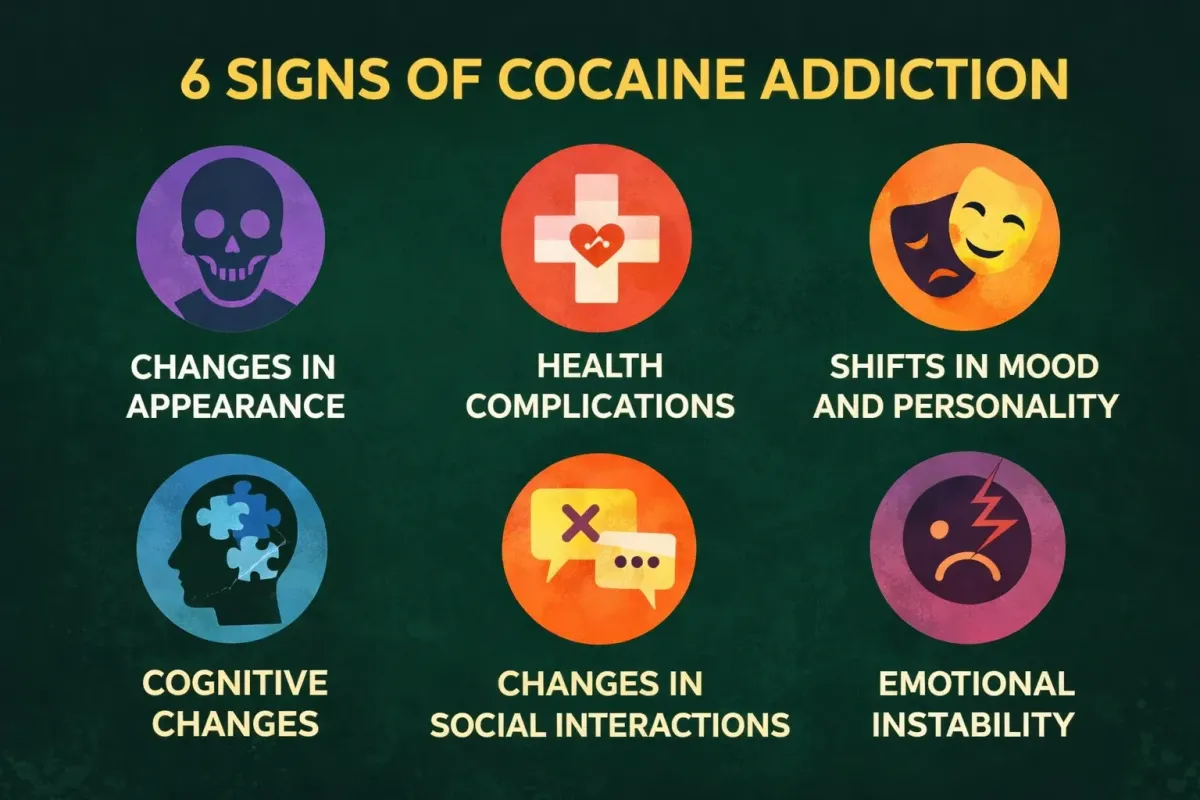 Infographic illustrating 6 signs of cocaine addiction: changes in appearance, health complications, shifts in mood and personality, cognitive changes, changes in social interactions, and emotional instability